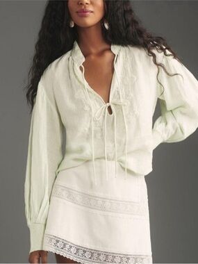 Anthropologie / Mint Green Floral Embroidered Linen Peasant Blouse